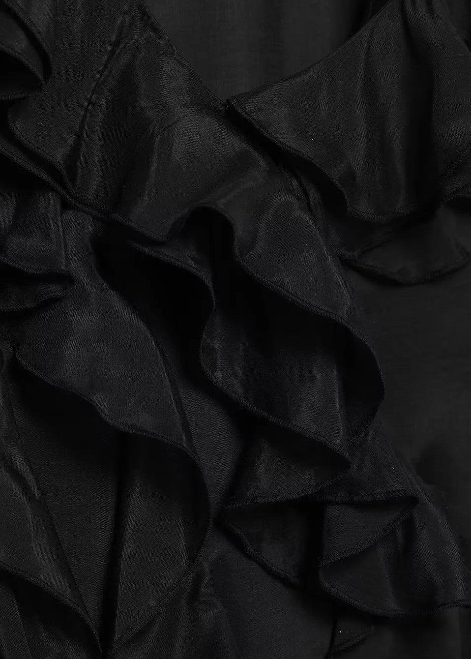 French Black V Neck Ruffled Cotton Long Dress Sleeveless