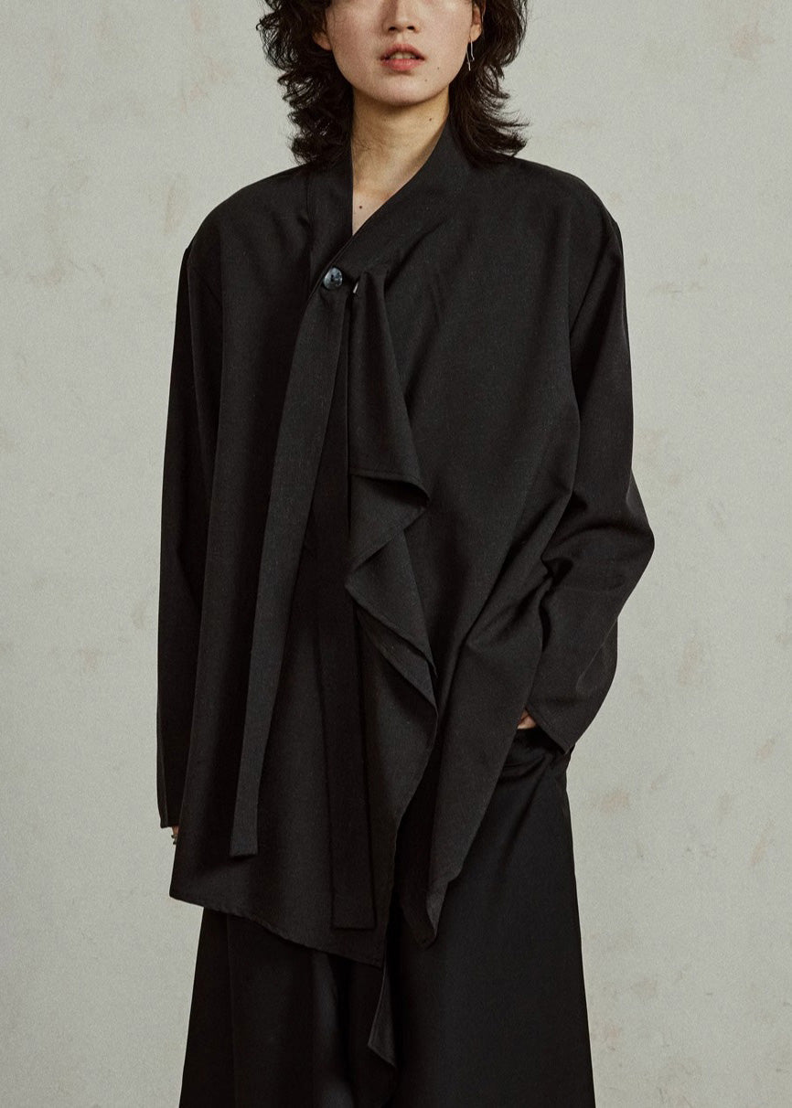 French Black V Neck Solid Shirts Long Sleeve