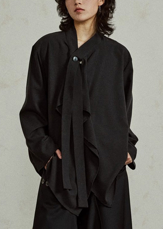 French Black V Neck Solid Shirts Long Sleeve