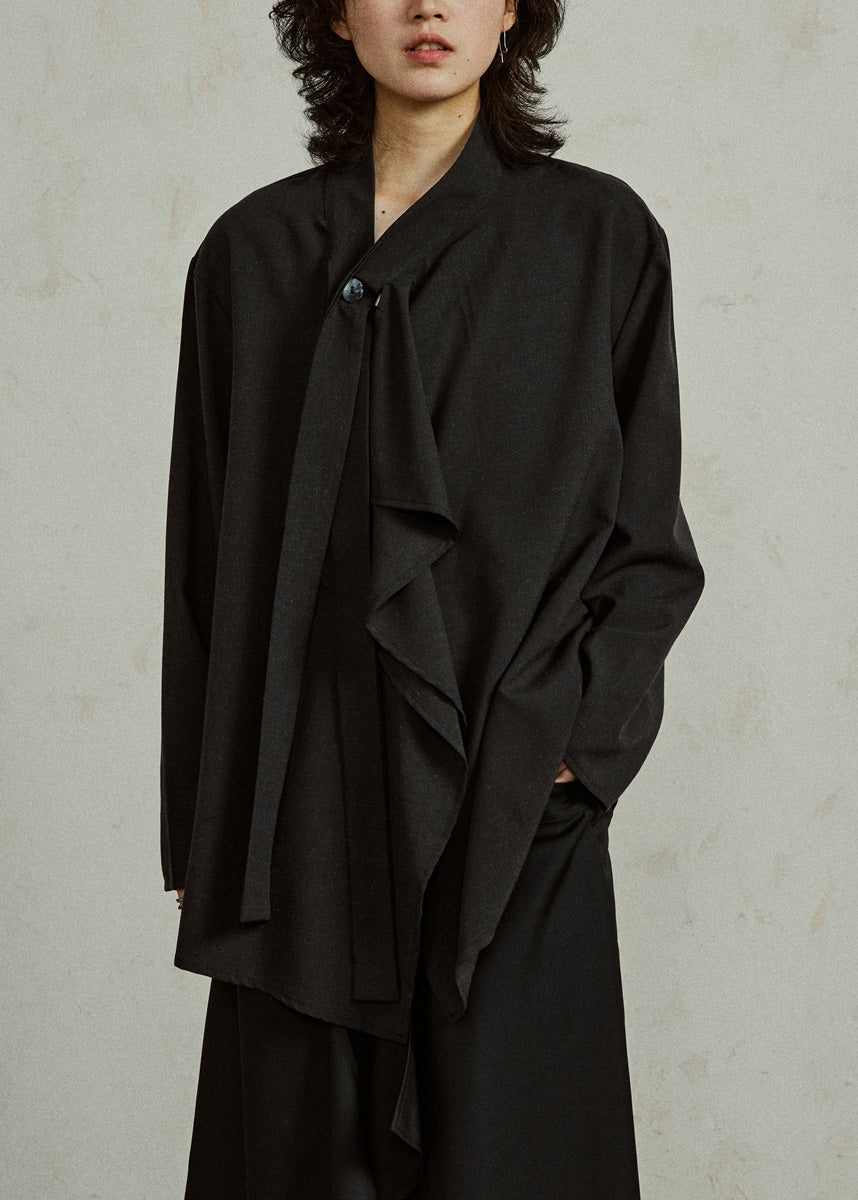 French Black V Neck Solid Shirts Long Sleeve