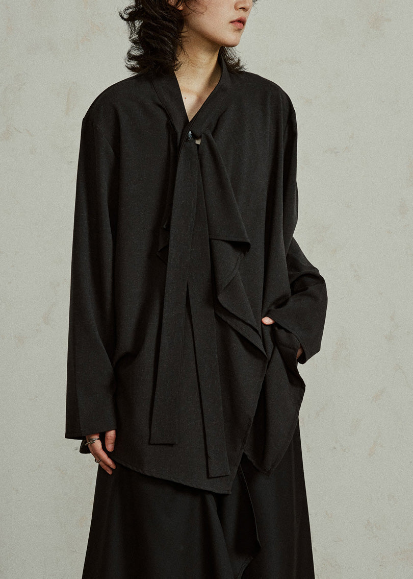 French Black V Neck Solid Shirts Long Sleeve