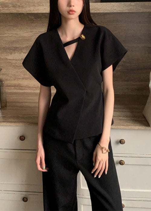 French Black V Neck Solid Spandex Shirt Summer
