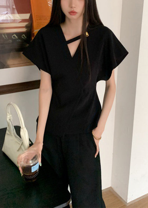 French Black V Neck Solid Spandex Shirt Summer