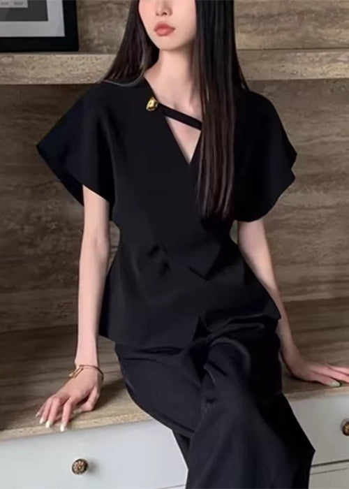 French Black V Neck Solid Spandex Shirt Summer