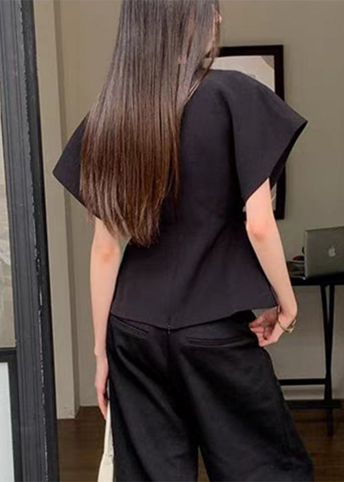 French Black V Neck Solid Spandex Shirt Summer