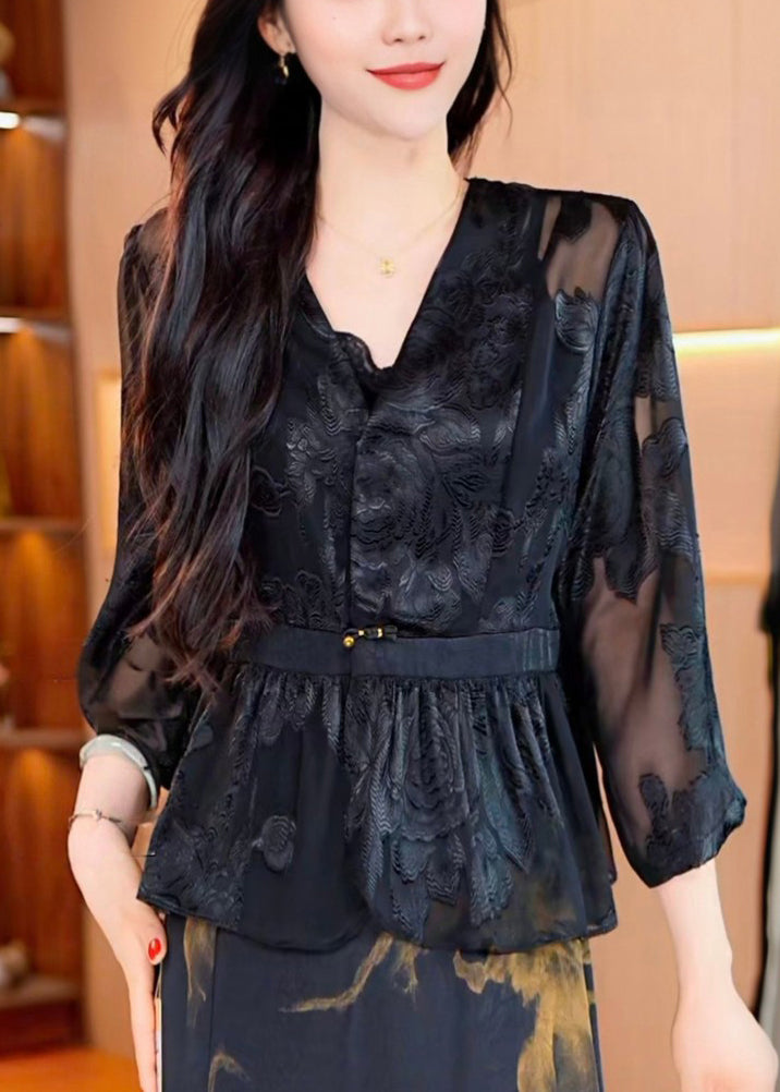 French Black V Neck Thin Chiffon Coat Bracelet Sleeve