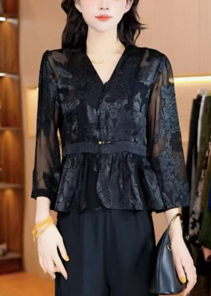 French Black V Neck Thin Chiffon Coat Bracelet Sleeve