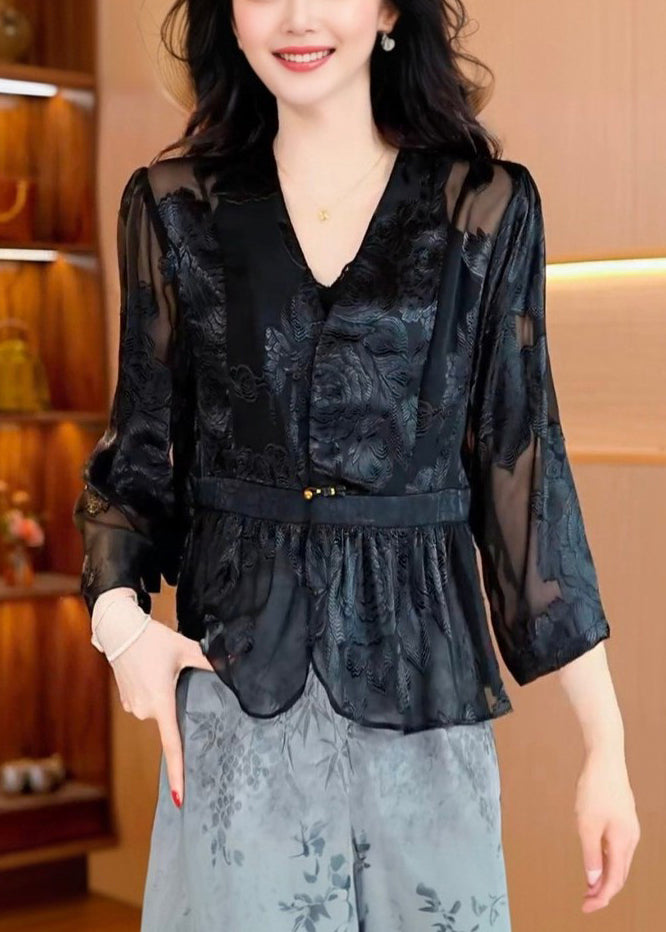 French Black V Neck Thin Chiffon Coat Bracelet Sleeve