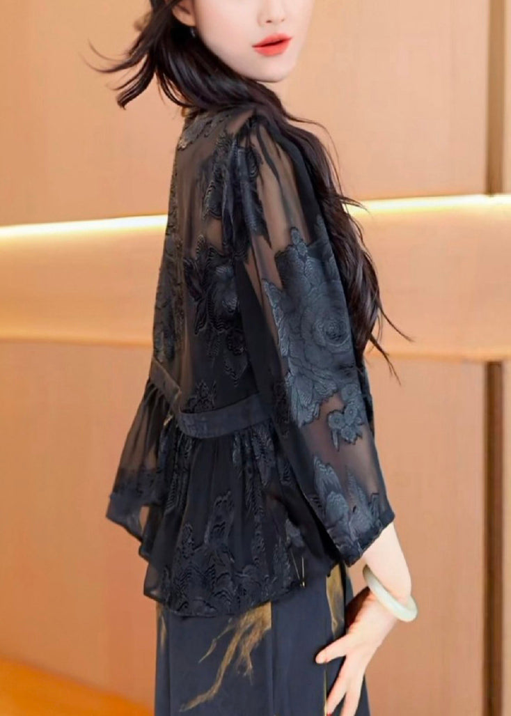 French Black V Neck Thin Chiffon Coat Bracelet Sleeve