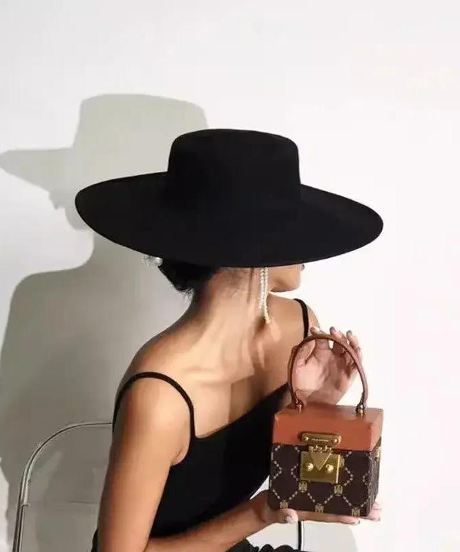 French Black Woolen Large Brim Versatile Jazz Hat