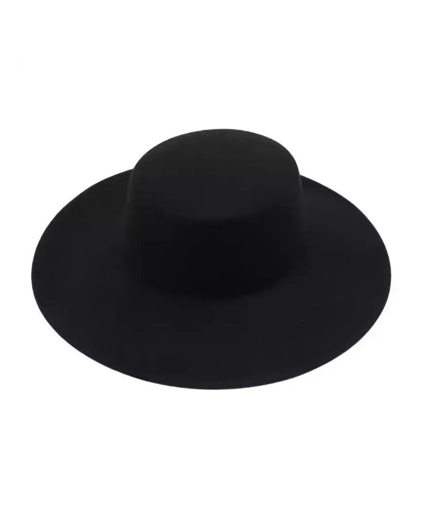 French Black Woolen Large Brim Versatile Jazz Hat