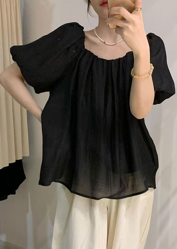 French Black Wrinkled Puff Sleeve Chiffon Tops
