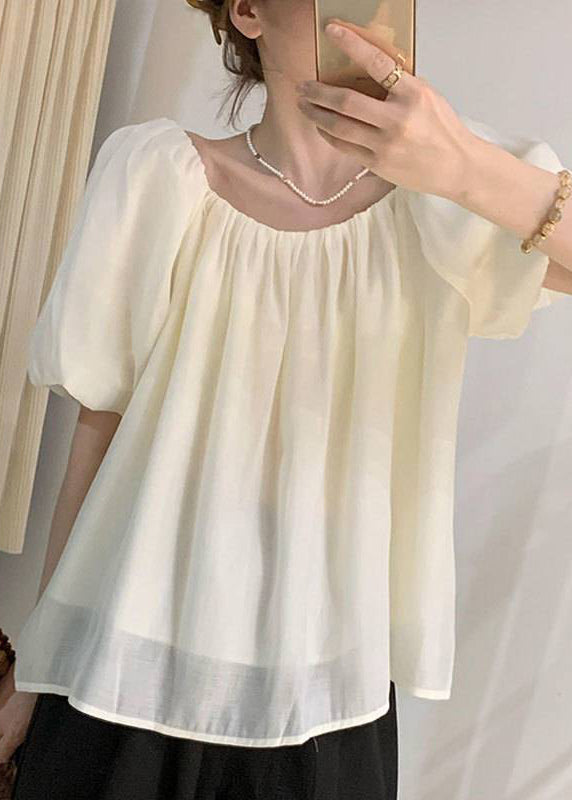 French Black Wrinkled Puff Sleeve Chiffon Tops