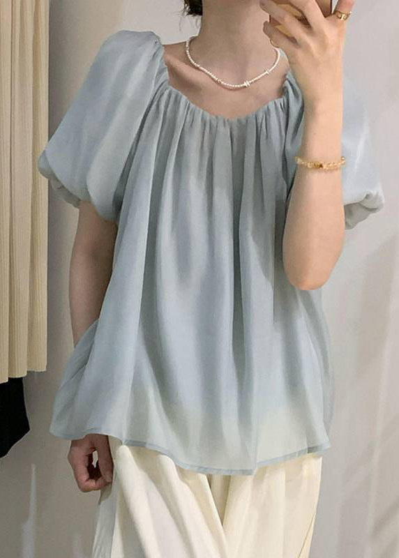 French Black Wrinkled Puff Sleeve Chiffon Tops