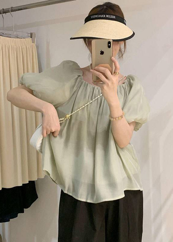 French Black Wrinkled Puff Sleeve Chiffon Tops