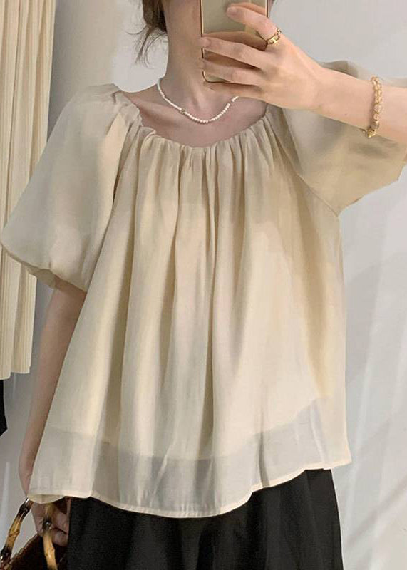 French Black Wrinkled Puff Sleeve Chiffon Tops