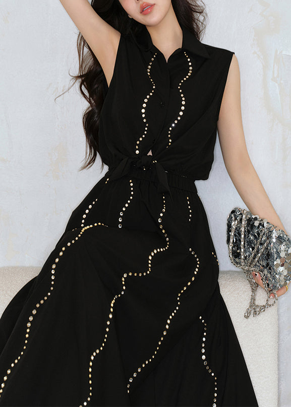 French Black Zircon Lace Up Tops And Skirts Cotton Two Pieces Set Sleeveless