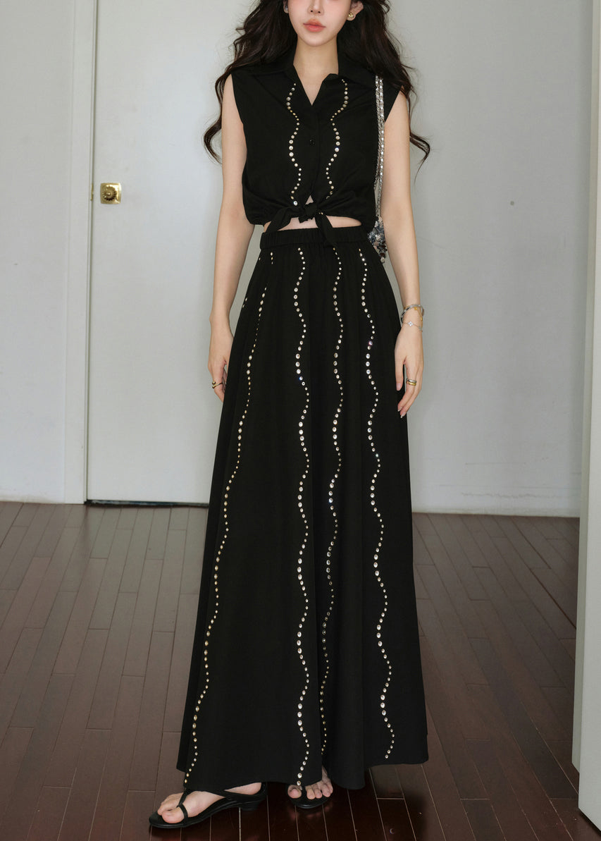 French Black Zircon Lace Up Tops And Skirts Cotton Two Pieces Set Sleeveless