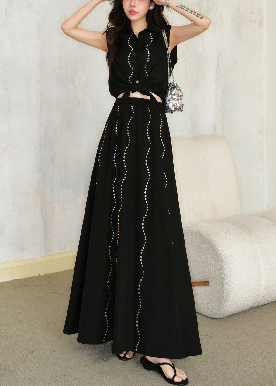 French Black Zircon Lace Up Tops And Skirts Cotton Two Pieces Set Sleeveless