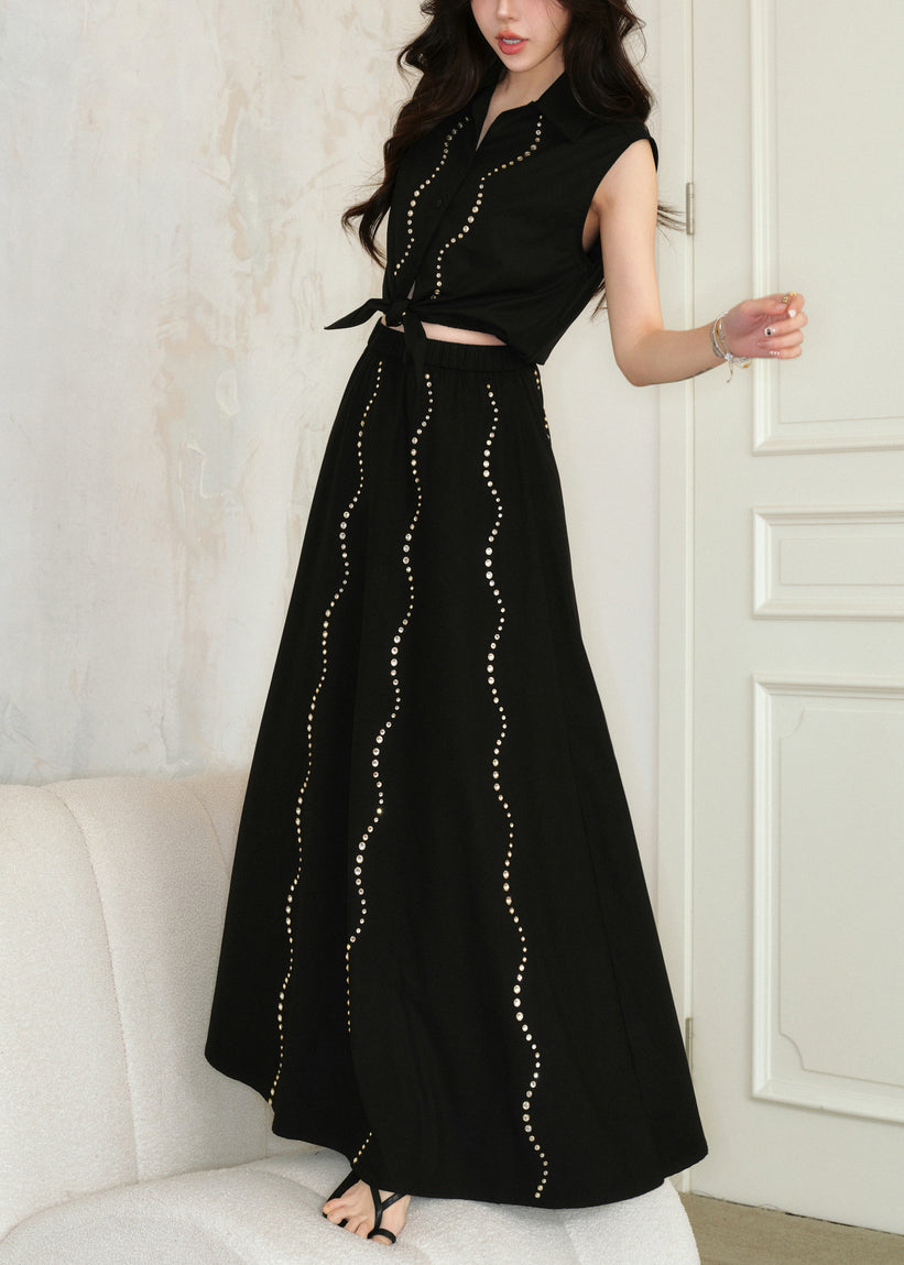 French Black Zircon Lace Up Tops And Skirts Cotton Two Pieces Set Sleeveless