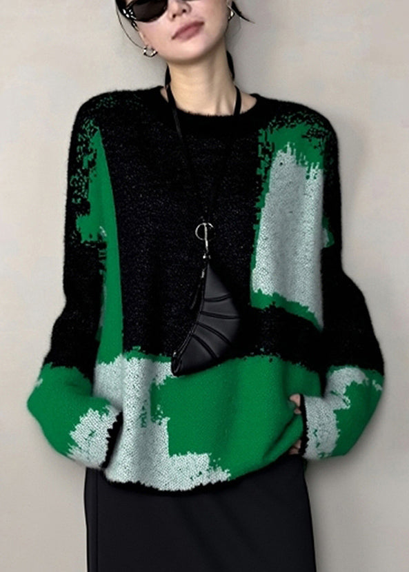 French Blackish Green O Neck Cozy Patchwork Knit Sweaters Winter