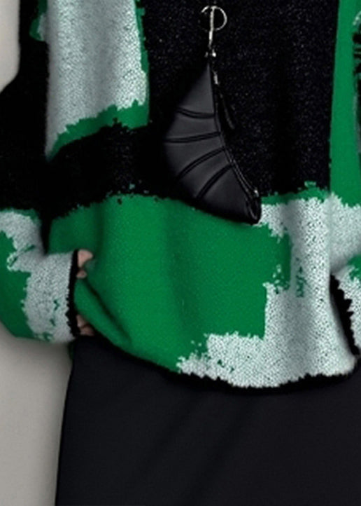 French Blackish Green O Neck Cozy Patchwork Knit Sweaters Winter