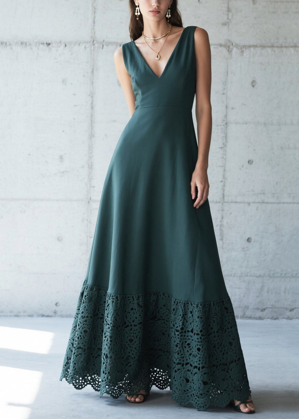 French Blackish Green Patchwork Lace Chiffon Maxi Dresses Summer