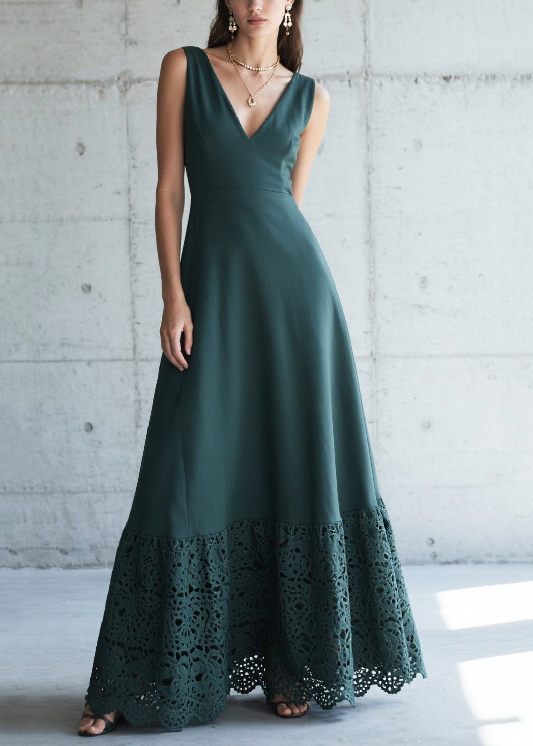 French Blackish Green Patchwork Lace Chiffon Maxi Dresses Summer