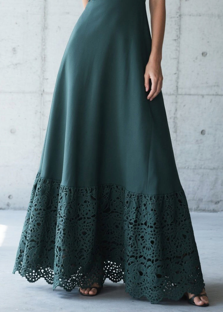 French Blackish Green Patchwork Lace Chiffon Maxi Dresses Summer