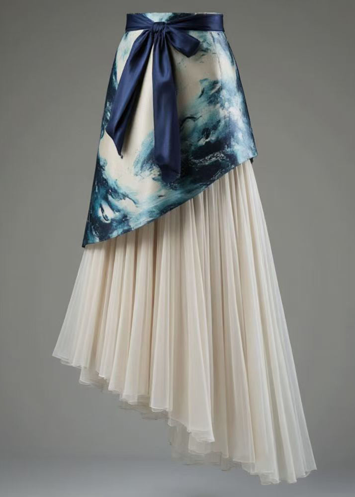 French Blue Asymmetrical Lace Up Tulle Patchwork Skirts Summer