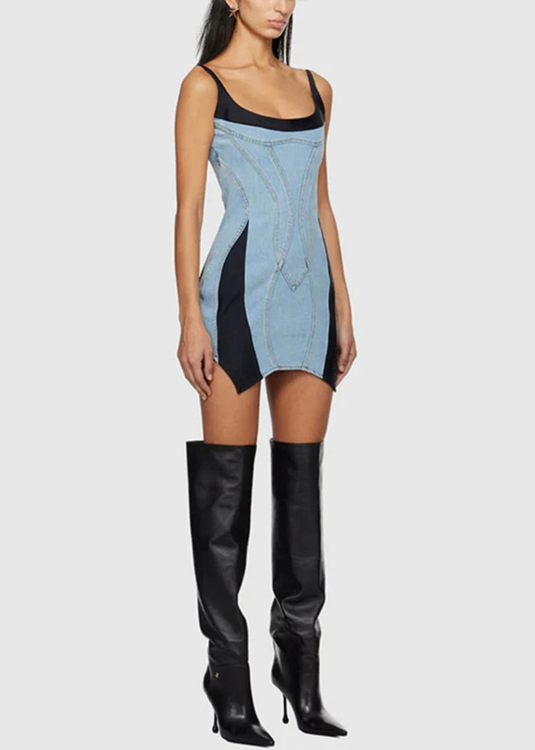 French Blue Asymmetrical Patchwork Denim Mini Dresses Sleeveless