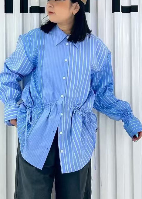 French Blue Asymmetrical Striped Cotton Shirts Spring