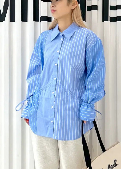 French Blue Asymmetrical Striped Cotton Shirts Spring