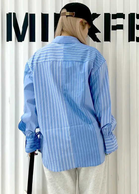 French Blue Asymmetrical Striped Cotton Shirts Spring