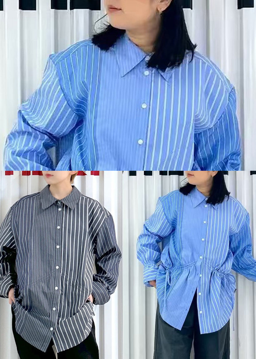 French Blue Asymmetrical Striped Cotton Shirts Spring