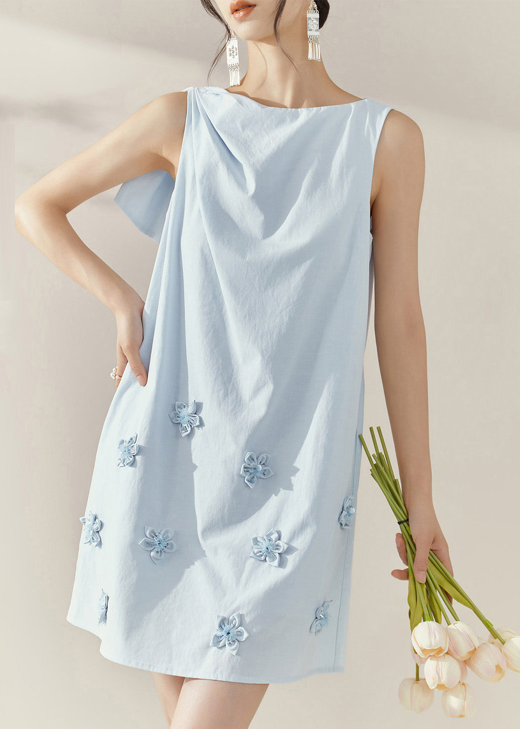 French Blue Asymmetrical Wrinkled Nail Bead Floral Mid Dresses Sleeveless