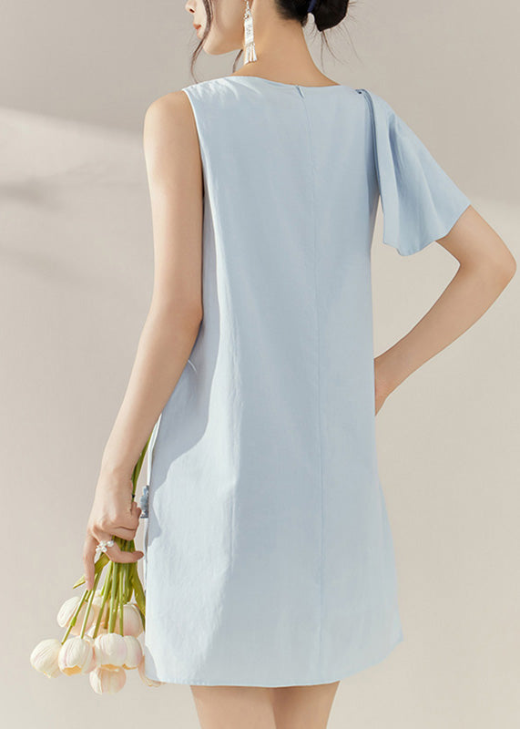 French Blue Asymmetrical Wrinkled Nail Bead Floral Mid Dresses Sleeveless