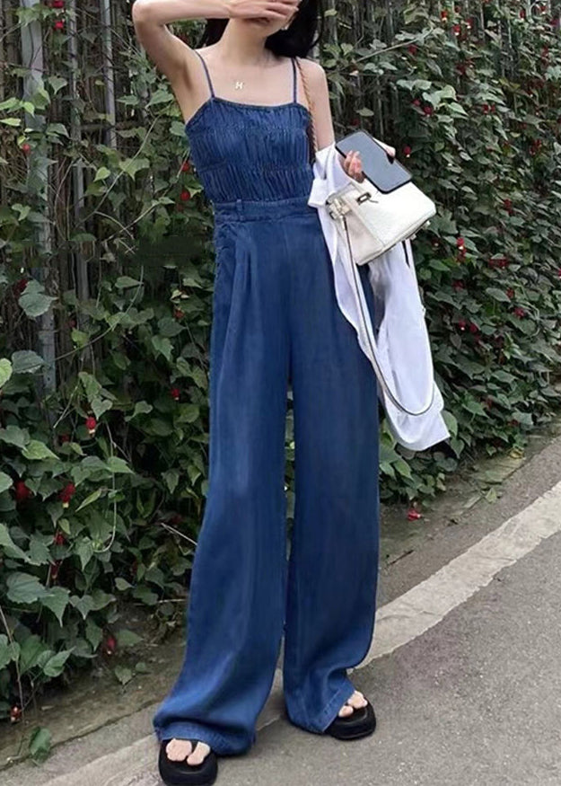 French Blue Backless Pockets Denim Spaghetti Strap Jumpsuit Sleeveless