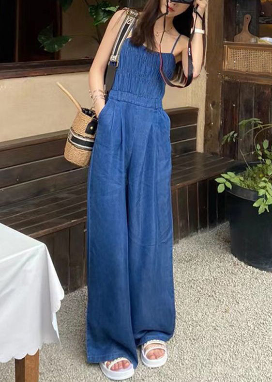 French Blue Backless Pockets Denim Spaghetti Strap Jumpsuit Sleeveless