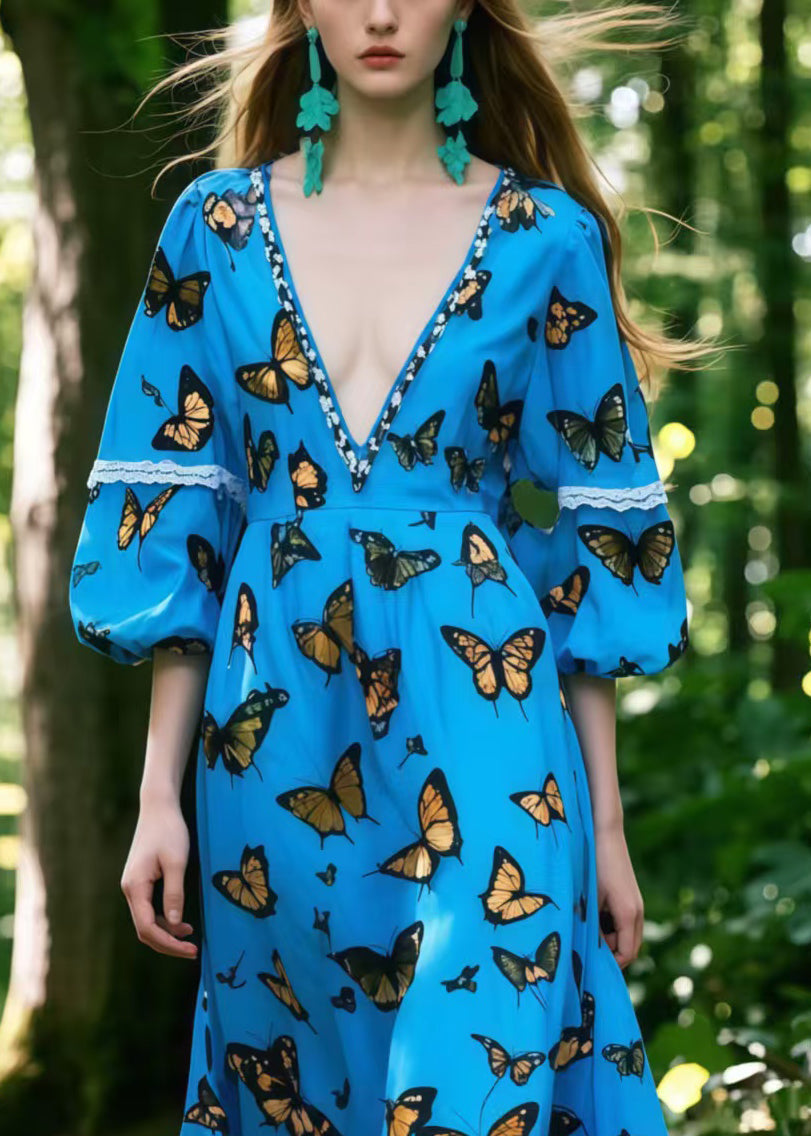 French Blue Deep-V Neck Print Cotton Long Dresses Lantern Sleeve