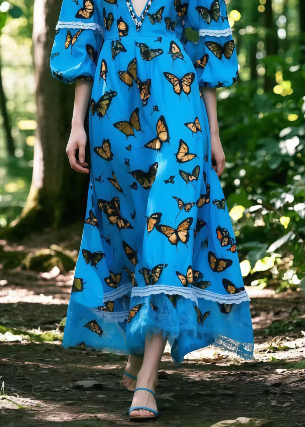 French Blue Deep-V Neck Print Cotton Long Dresses Lantern Sleeve