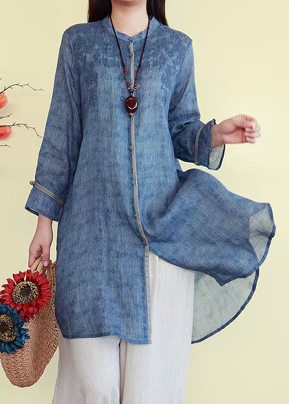 French Blue Embroidered Button Linen Shirts Fall