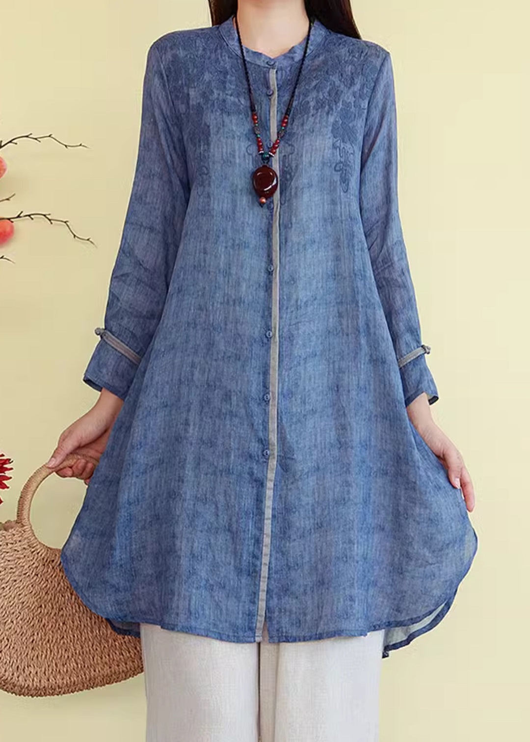 French Blue Embroidered Button Linen Shirts Fall