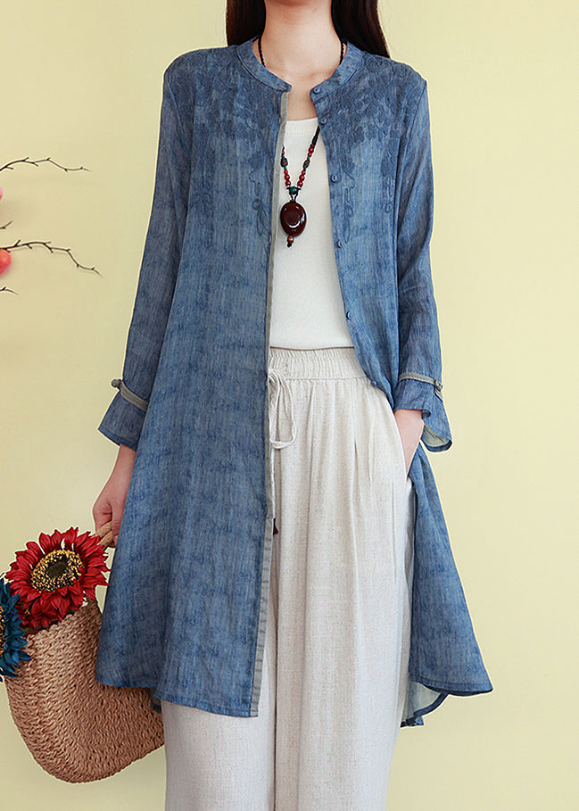 French Blue Embroidered Button Linen Shirts Fall