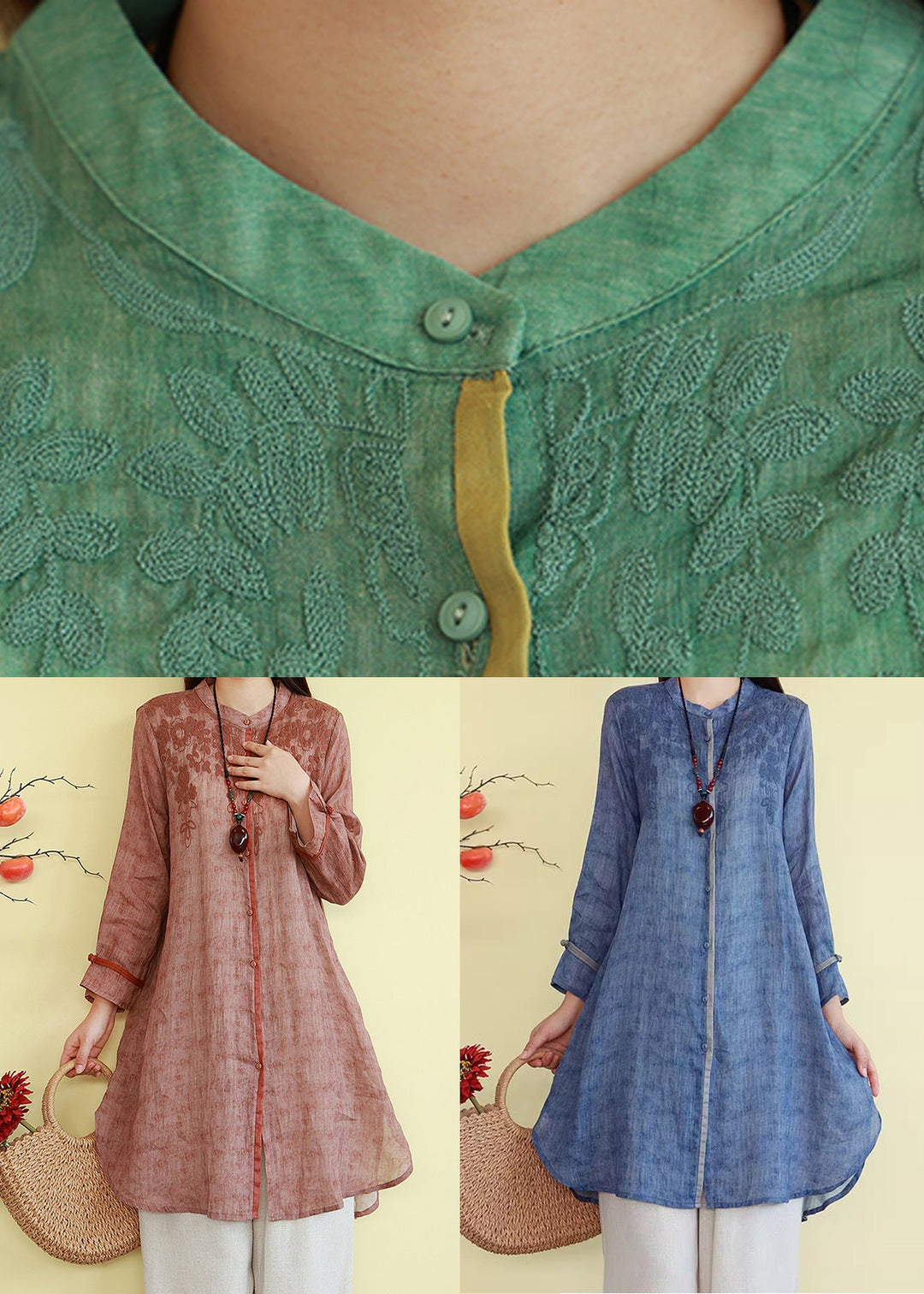 French Blue Embroidered Button Linen Shirts Fall