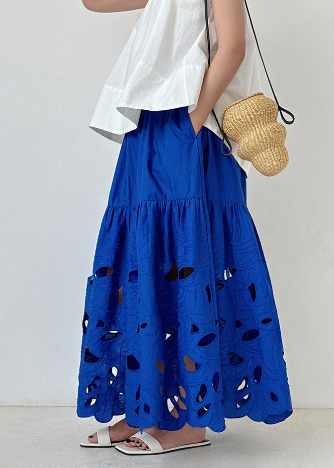 French Blue Embroidered Hollow Out Cotton Skirt Summer