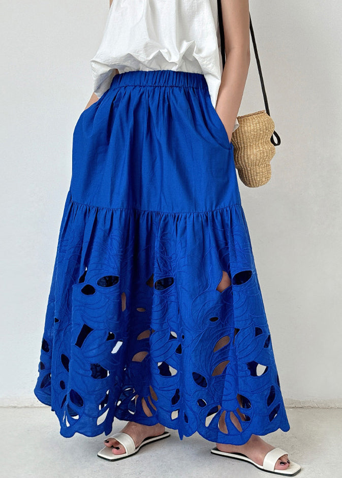 French Blue Embroidered Hollow Out Cotton Skirt Summer