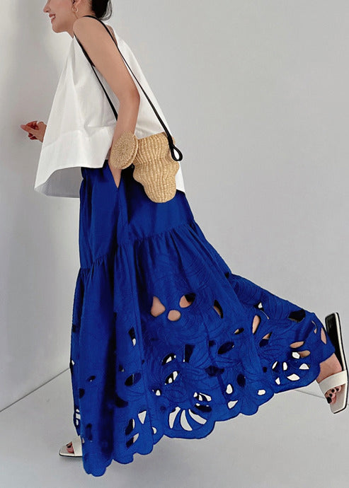 French Blue Embroidered Hollow Out Cotton Skirt Summer