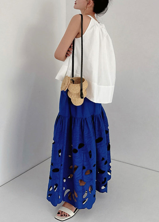 French Blue Embroidered Hollow Out Cotton Skirt Summer