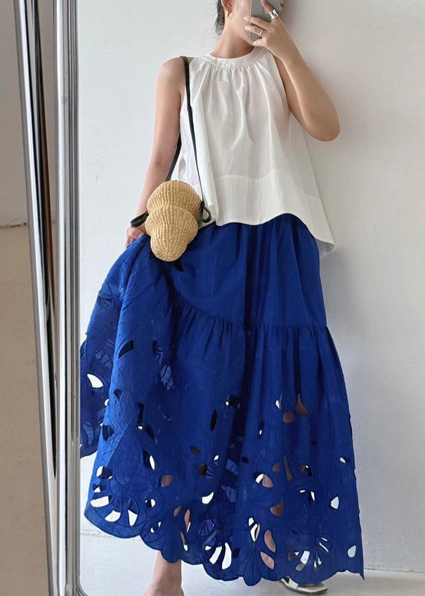 French Blue Embroidered Hollow Out Cotton Skirt Summer